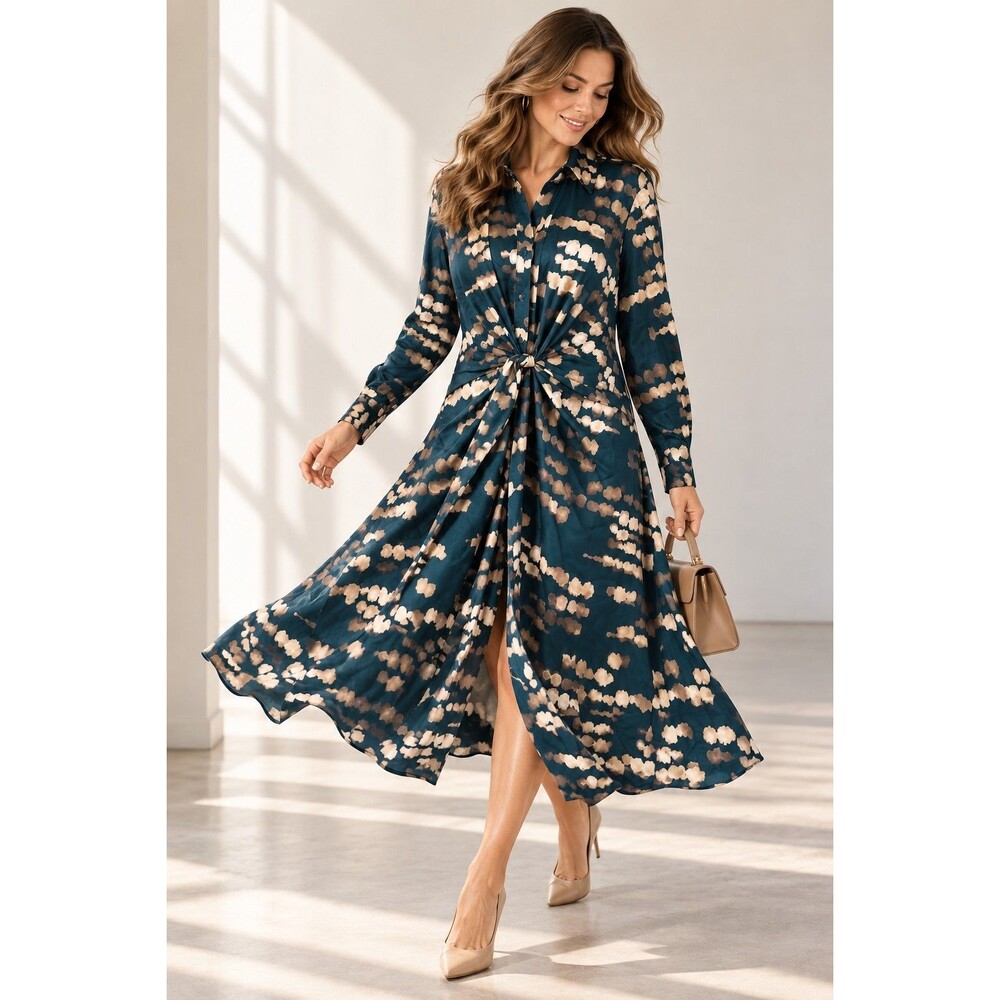 Donna Karan New York Dress 14W Teal Abstract Print Twist Front Midi Shirt Dress
